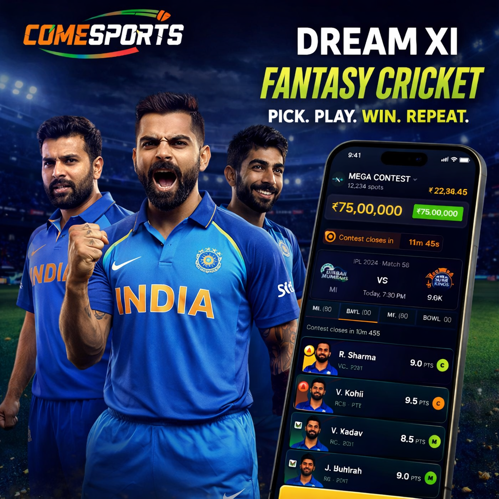 Come India Hub fantasy cricket and India team visual